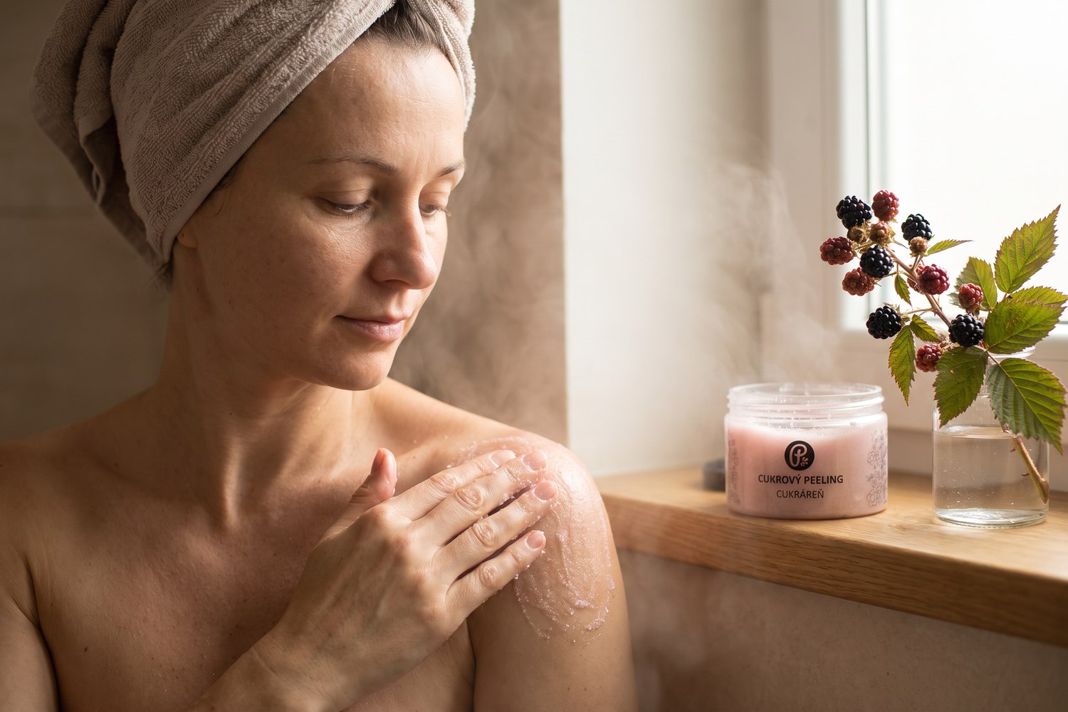 Žena si ve sprše vmasírovává cukrový tělový peeling do ramene.